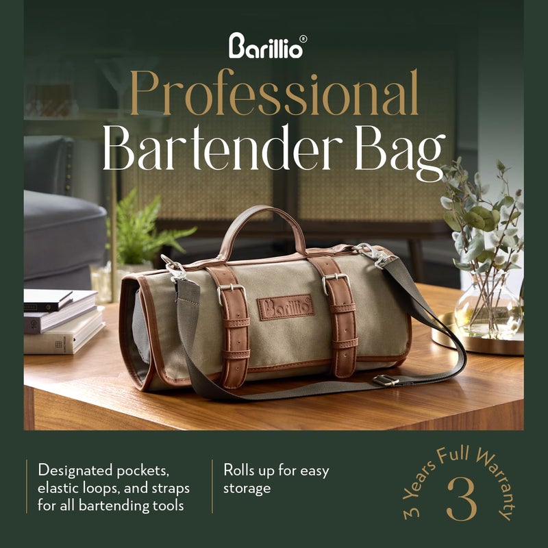Barillio Bartender Bag (Without Tools) - Stylish, Waxed Canvas, Roll Up Traveling Bar Bag for Carrying Bar Tools and Cocktail Shaker Set with Shoulder Strap - Portable Travel Bartending Roll - Image 2